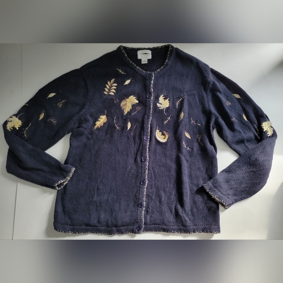 Christopher & Banks Sweaters - Christopher and Banks Black Button Up Knit Fall Leaves Embroidered Sweater 2003